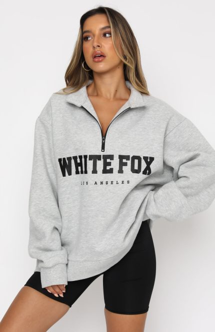 White Fox Zip Front Sweater Grey Marle